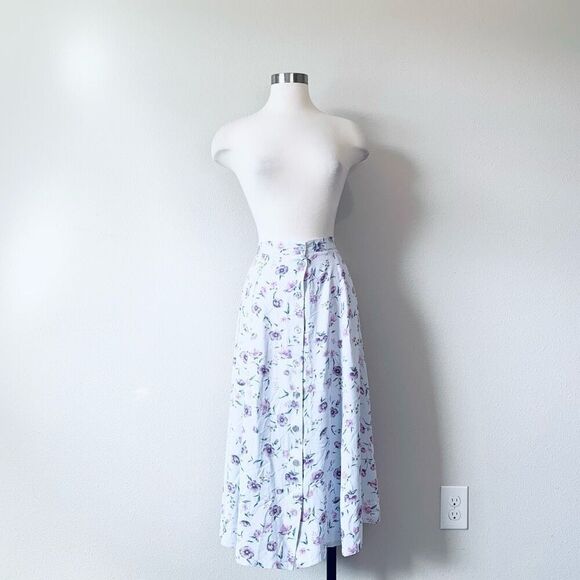 Southern Lady Pastel Purple Rose Midi Maxi Skirt Floral Large 14 Button - Picture 2 of 8